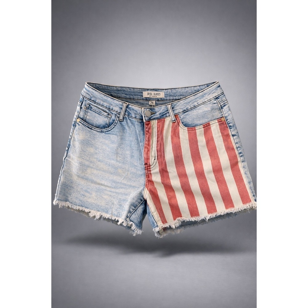 Judy Blue American Flag Acid Wash Denim Shorts 2XL Patriotic Stars Stripes